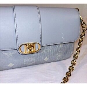 MCM Crossbody Purse Gray Leather Chic Preppy Designer Understated Gold Quiet Lux